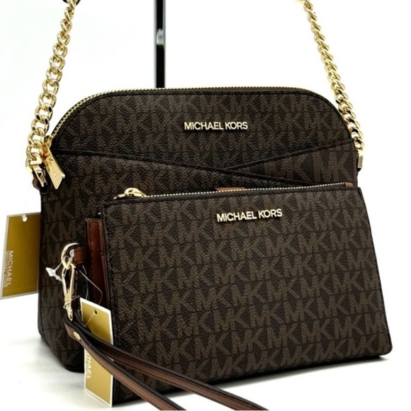 MICHAEL KORS Jet Set Travel Medium Dome Crossbody Bag & Double Zip Wallet Brown - Picture 1 of 13